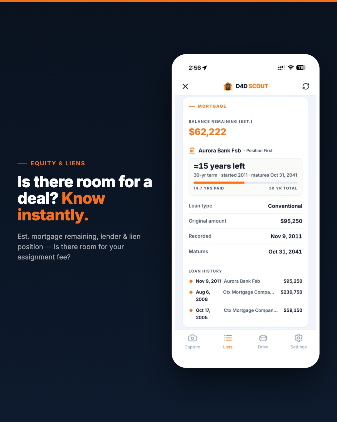 SCOUTRE app interface displaying estimated mortgage balance, lender, and lien position.