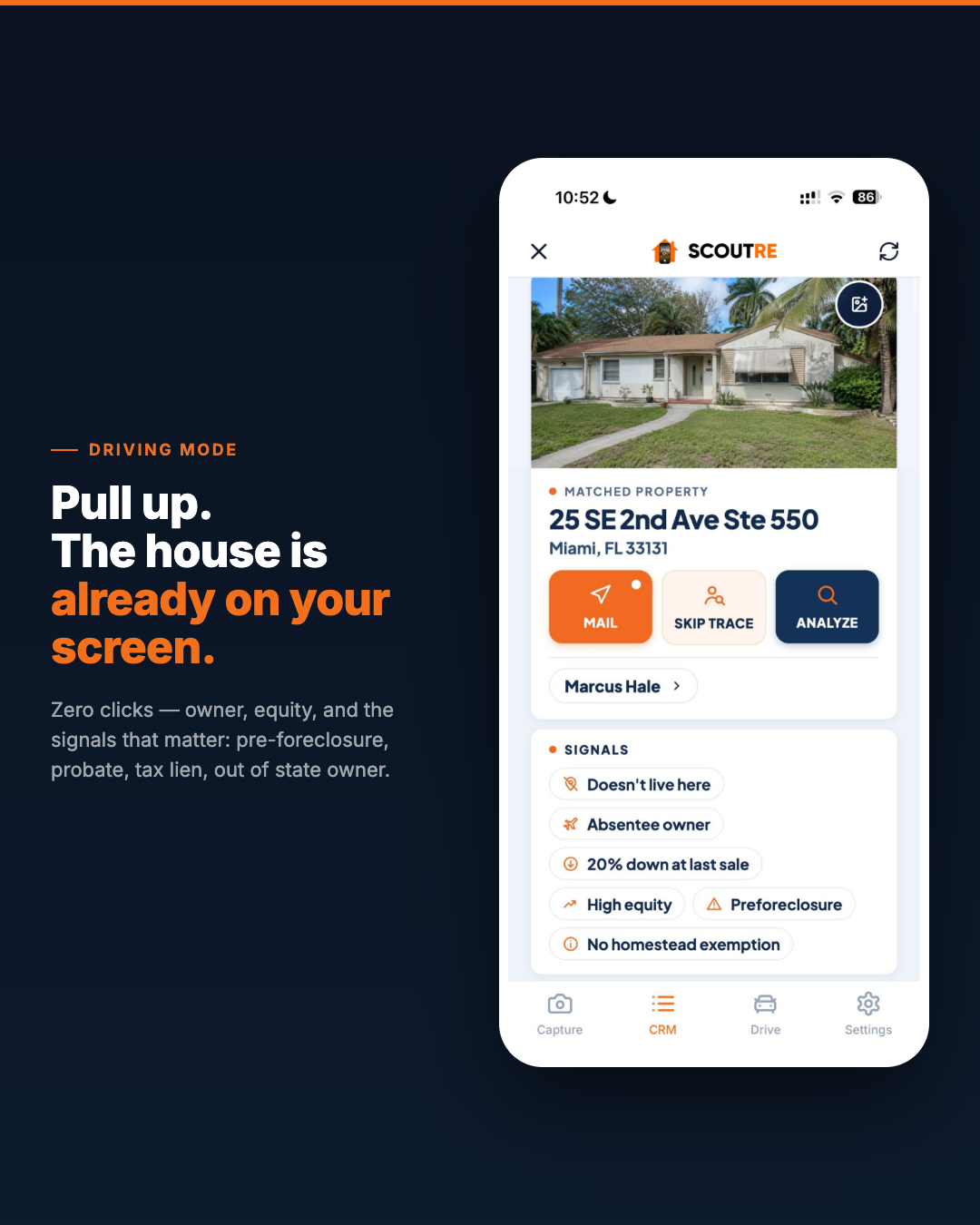 SCOUTRE app screen showing property details like owner, equity, and distress signals.