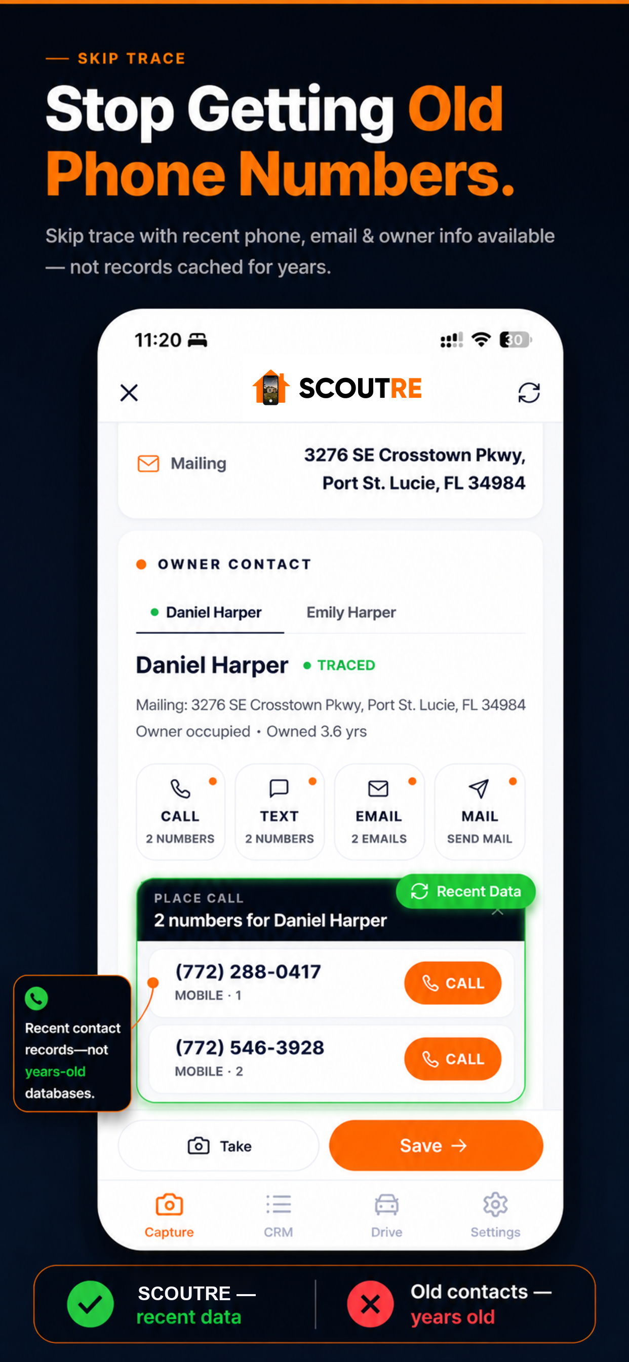 SCOUTRE app screen displaying skip trace feature with owner contact info.
