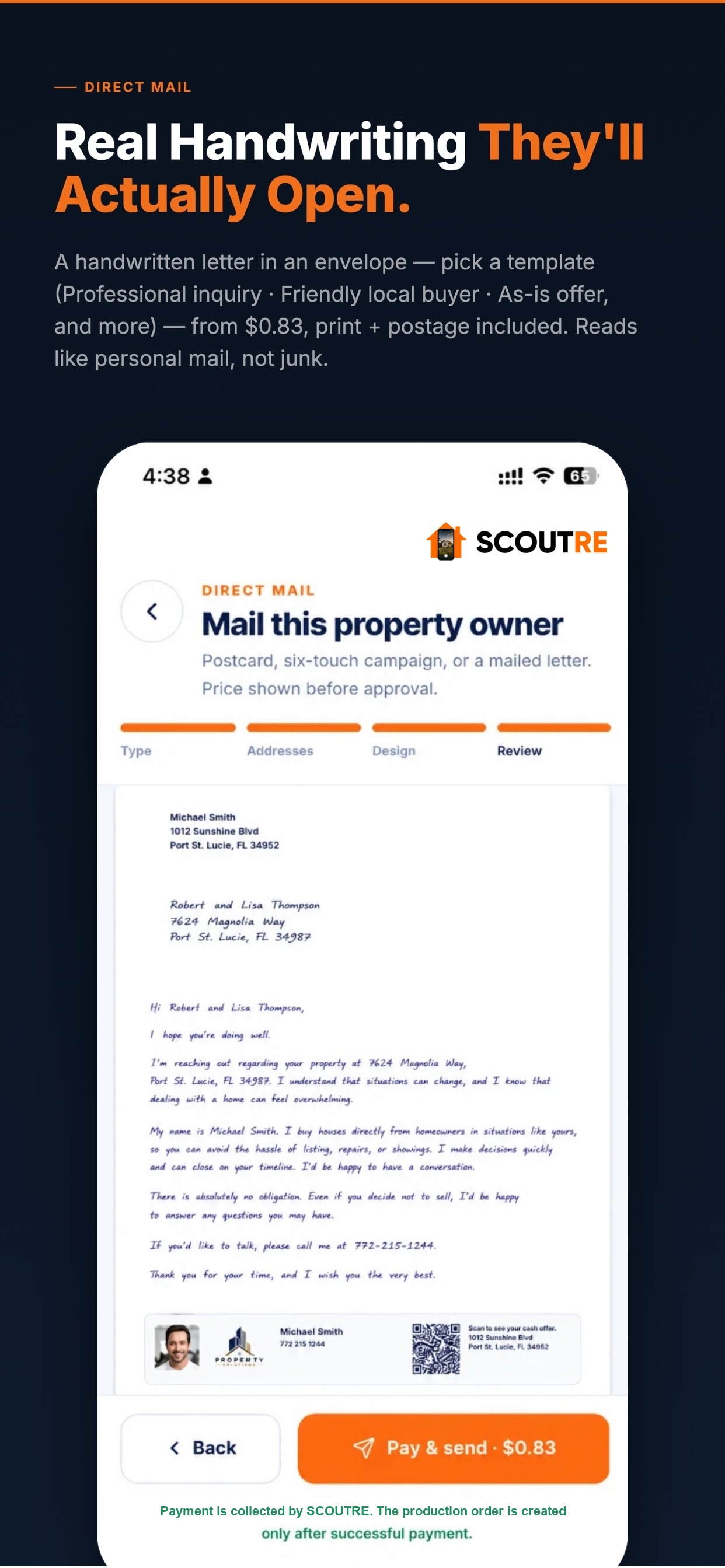 SCOUTRE app screen showing Direct Mail feature with mailing options.