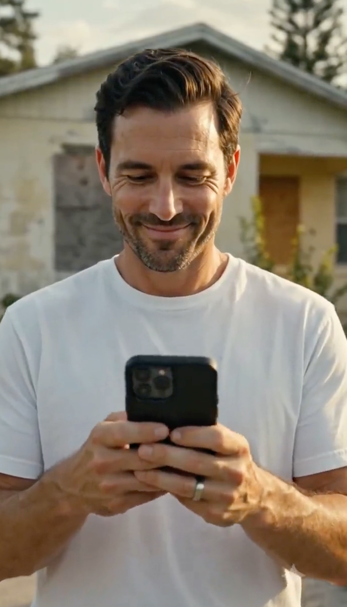 Person smiling at smartphone in front of a distressed house with peeling paint and a boarded window.