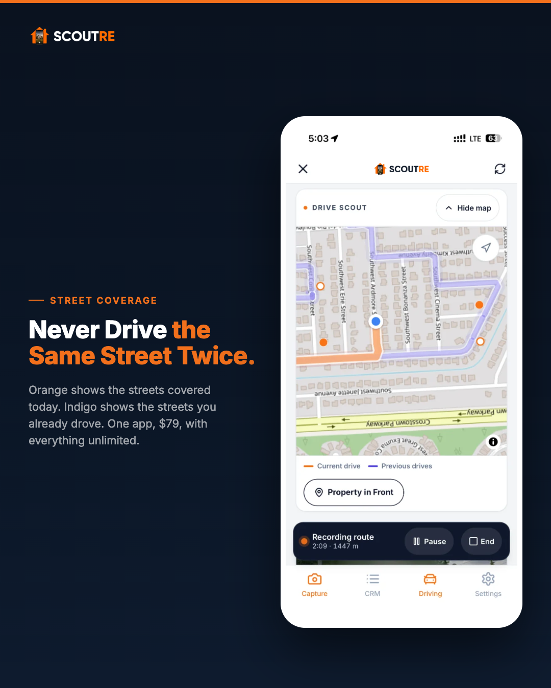 SCOUTRE app screen showing map with orange and indigo driving routes and Property in Front button.