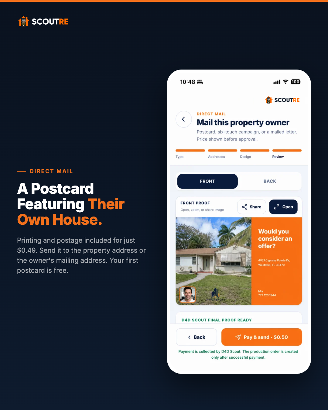 SCOUTRE app screen showing Direct Mail feature for sending postcards.