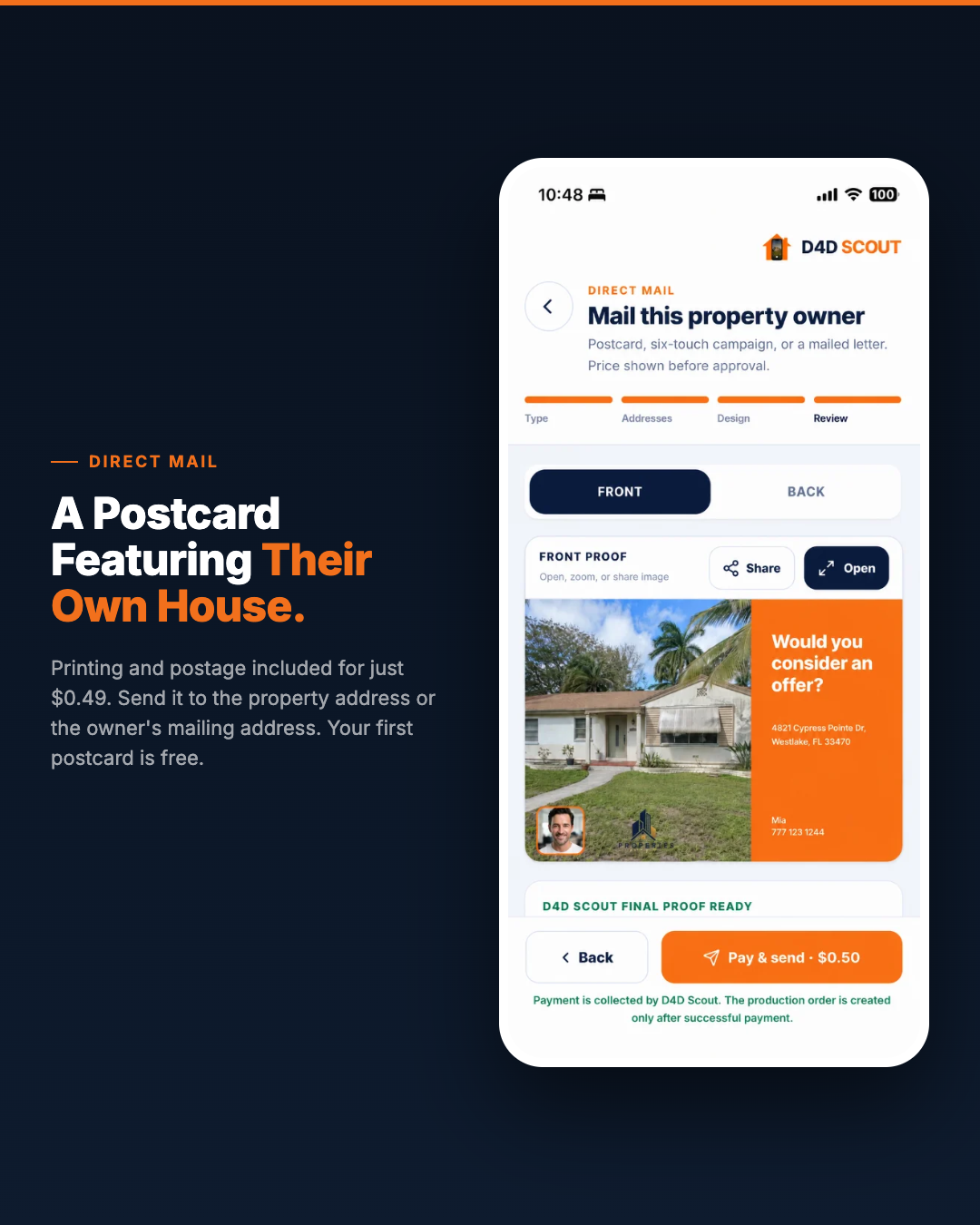 SCOUTRE app screen showing Direct Mail Designer for sending postcards to property owners.