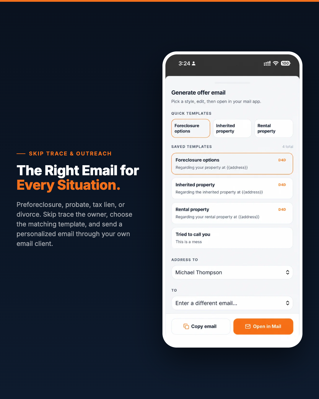 SCOUTRE app screen with email templates for property owner outreach.