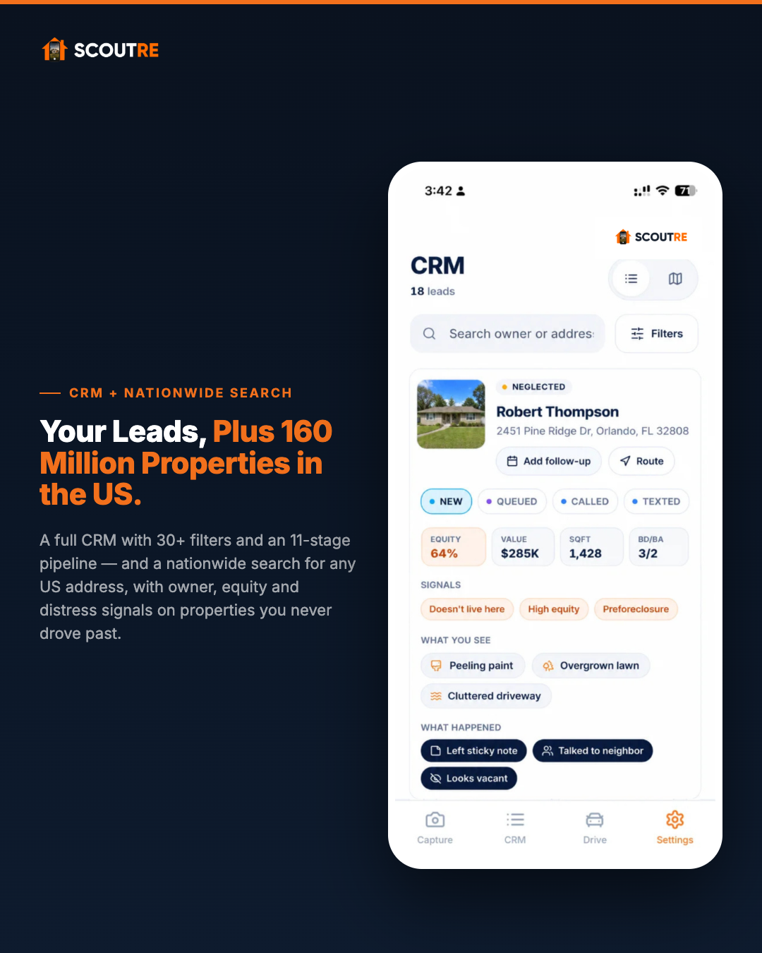 SCOUTRE app CRM screen showing leads, search bar, property details, and distress signals.