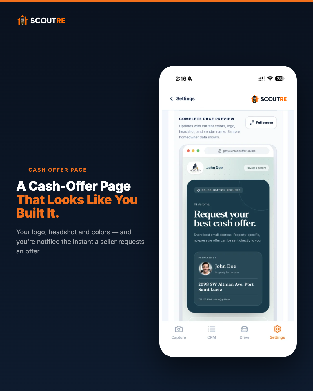 SCOUTRE app interface with cash-offer page showing personalized branding for real estate deals.
