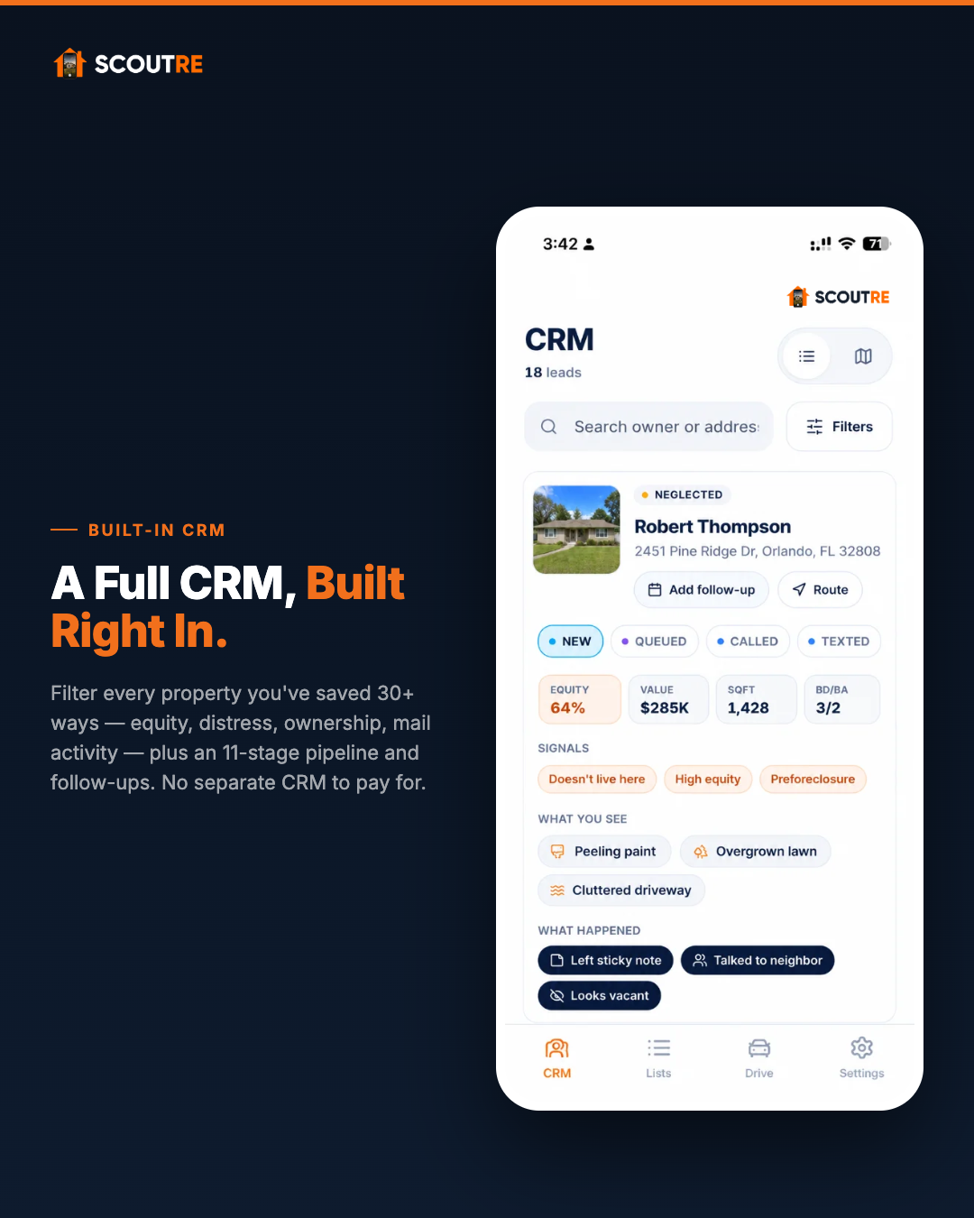 SCOUTRE CRM screen with property details, owner name, address, equity, and follow-up options.